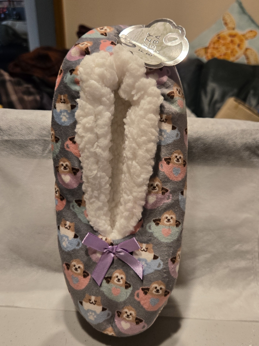 Fuzzy Babba Sloths in Teacups Slipper Socks Gray & Pink Animal Print